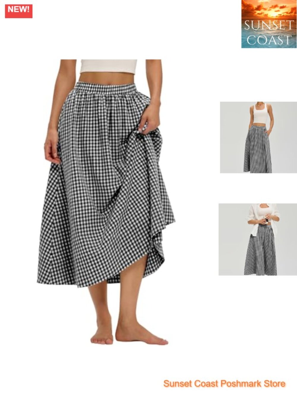 A-Line Cotton Flowy Midi Skirt Elastic Waist with Pockets Summer